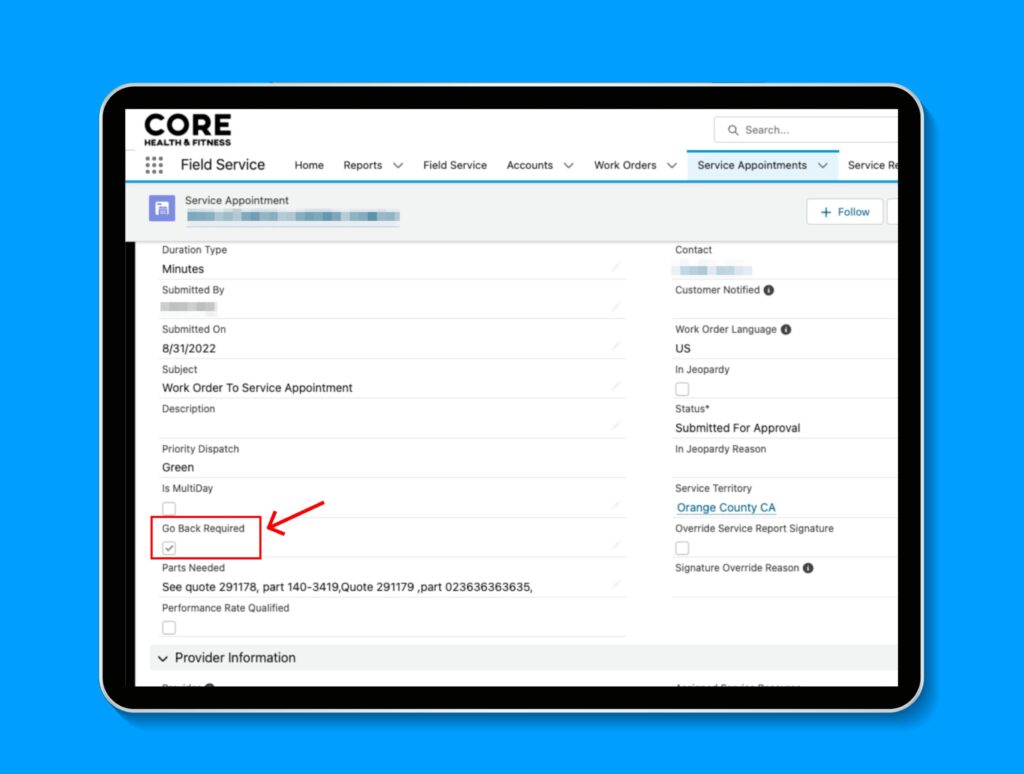 Core Health & Fitness Service Appointments with a "go-back" feature for individual work orders.