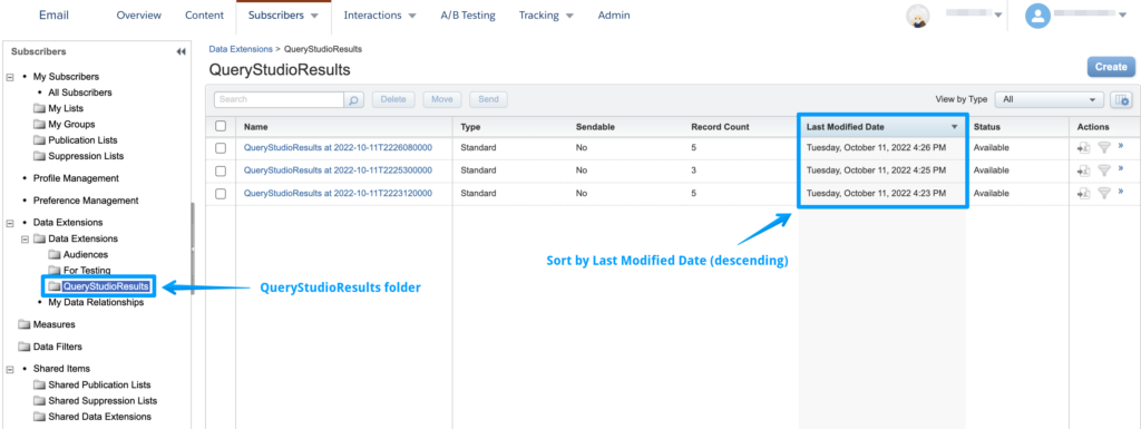 Marketing Cloud Hacks - Export Query Studio Results - Step 3 - Identify DE created from Query Studio Results