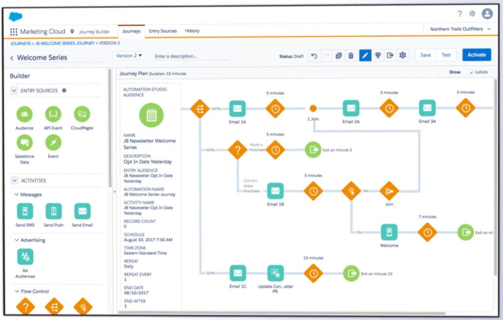 Salesforce Marketing Cloud offers an easy onboarding experience for HR and new hire alike. Just drag and drop with what colourful campaign builder shown in this image.