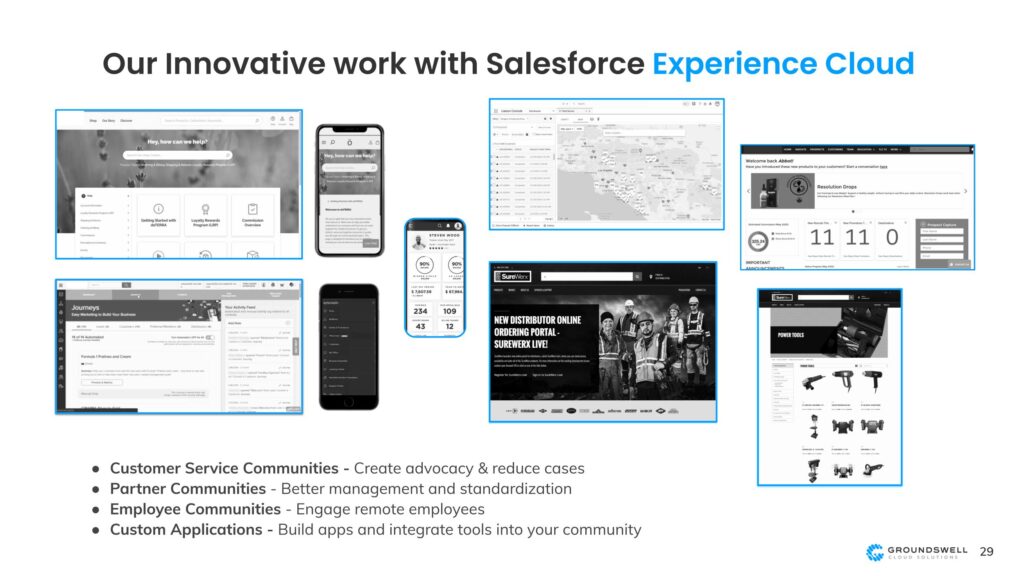 our innovative work with Salesforce Experience Cloud. Customer Service Communities - Create advocacy & reduce cases
Partner Communities - Better management and standardization
Employee Communities - Engage remote employees
Custom Applications - Build apps and integrate tools into your community
