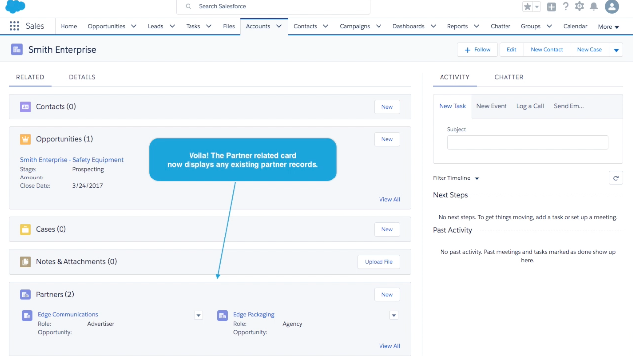 voila! back on the accounts page in Salesforce Sales Cloud you can view the Partner Related cardon display on any existing partner records. 