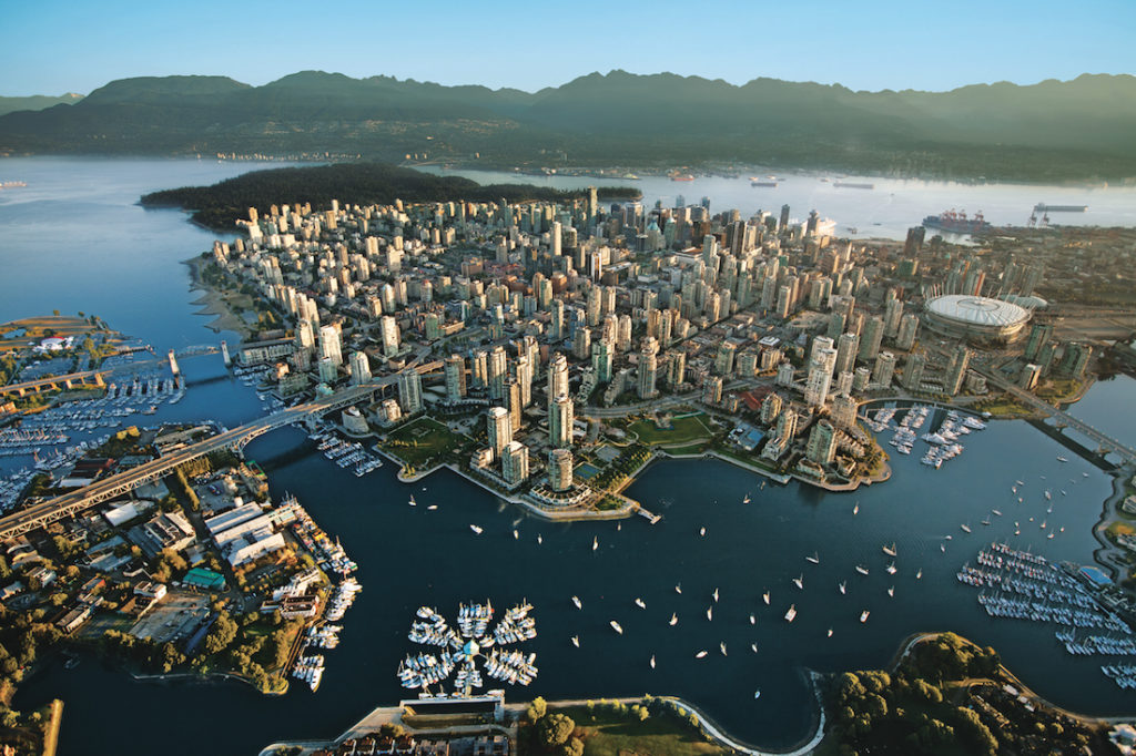 drone or helicopter image of beautiful Vancouver Canada skyline 
